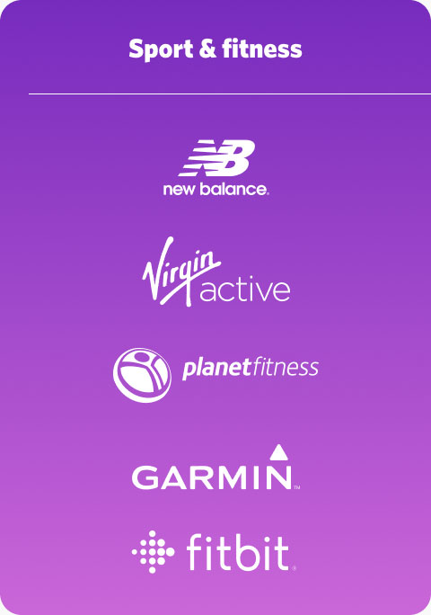 A purple banner with the logos of Momentum Multiply's sports and fitness partners, which include New Balance, Virgin Active, Planet Fitness, Garmin, and Fitbit.