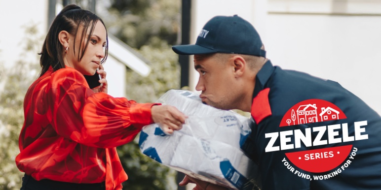 A woman in a red blouse speaks on the phone while receiving a package from a male delivery worker. The image features the ZENZELE Series logo with the tagline 'Your fund, working for you.'